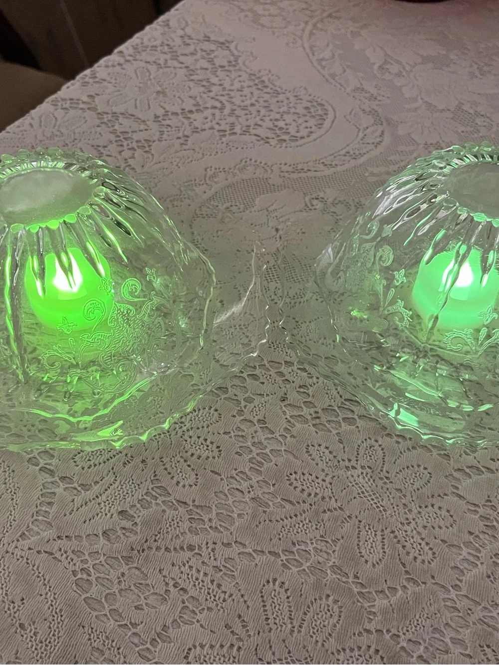 Pair of Vintage Versailles Etched Glass Fairy Lamps | Cream Soup Bowls & Saucers